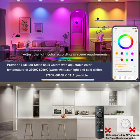Living room and kitchen with 6 Inch Canless LED Recessed Lights; app-controlled RGBCW lighting and Alexa support shown.