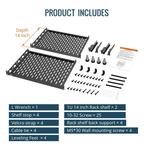 Components of 12U Open Frame Network Rack For IT And AV Gear Floor Standing Or Wall Mounted With Two 1U Shelves And Mounting Hardware