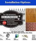 2 Pack No Trespassing And Dog On Premises Yard Signs, 10 By 7 Inch Rock Solid Aluminum Warning Plates mounted for installation options.