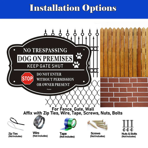 2 Pack No Trespassing And Dog On Premises Yard Signs, 10 By 7 Inch Rock Solid Aluminum Warning Plates mounted for installation options.