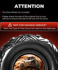 Go Kart Tire Set 145 70 6 14x6 6 Ply Tubeless Big Horn Tread warning for non-highway use, close-up with off-road vehicle illustration