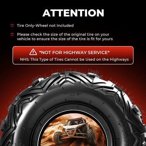 Go Kart Tire Set 145 70 6 14x6 6 Ply Tubeless Big Horn Tread warning for non-highway use, close-up with off-road vehicle illustration