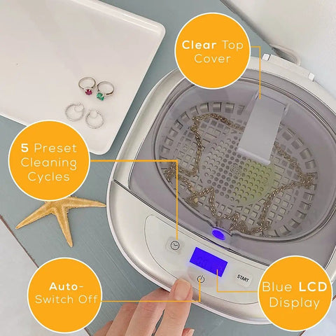 Professional Ultrasonic Cleaner With Digital Timer For Jewelry Rings Coins Eyeglasses Watches White 18.5 Fl Oz displayed on table