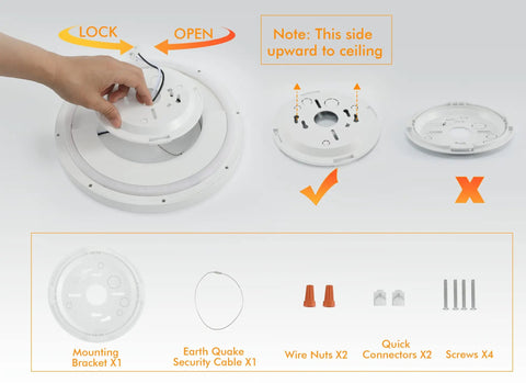 Installation guide for 12 Inch Smart Flush Mount LED Ceiling Light with mounting bracket, security cable, wire nuts, connectors, screws.