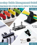 Various cable management tools including a no drill under desk cable tray with clamp mount fifteen point seven inch cord organizer.