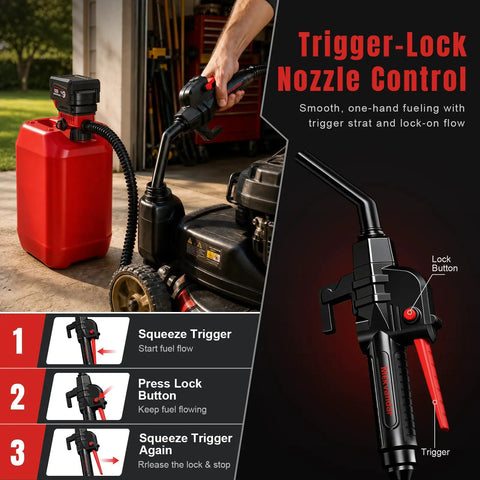 Tough As Nails Cordless Gas Can Pump Delivers 3.7 Gpm Flow Without A Single Sweat for easy fueling with trigger-lock nozzle control.