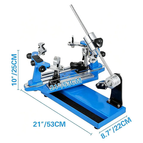 Tabletop No-Fuss Pro Grade Badminton And Tennis Racket Stringing Machine with measurements and blue finish