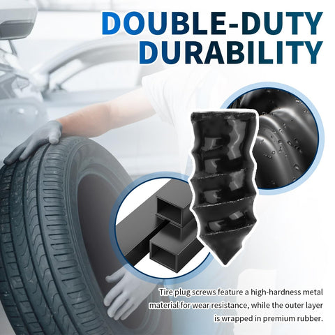 Heavy Duty Tire Plug Kit With Screwdriver, 60 Pieces In Four Sizes, showing close-up of rubber tire plugs for roadside repair