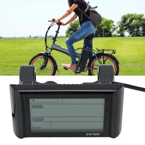 LCD Display Meter For Electric Bike S900 Controller 48V Screen, showing speed and data, with rider on a foldable e-bike.