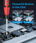 Cordless Power Screwdriver Kit With USB Cable And LED Lights used in electronics repair, showing forward and reverse click operation.