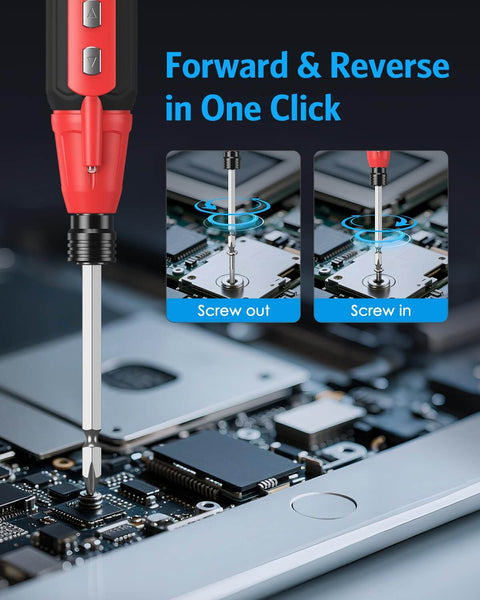 Cordless Power Screwdriver Kit With USB Cable And LED Lights used in electronics repair, showing forward and reverse click operation.