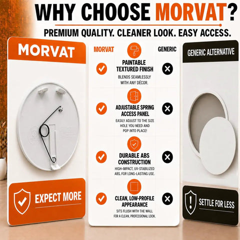 Why Choose Morvat infographic showing features of Snap Right In And Plug That Hole Fast With This Heavy Duty Round Spring Access Panel For Drywall Ceiling Crafted From Durable Abs Plastic For Quick Electrical And Plumbing Fixes In Clean White Fits Six To Nine Inches.