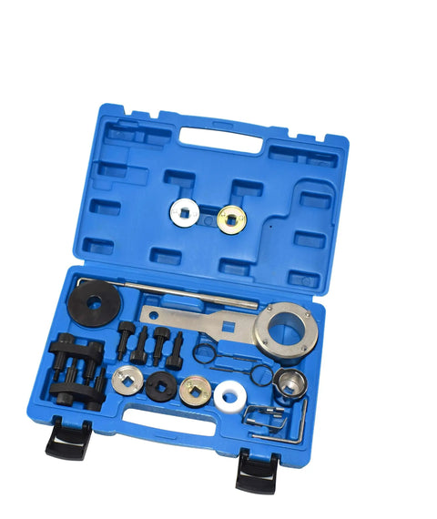Open blue case showing the Camshaft Crankshaft Engine Timing Tool Kit For EA888 1.8 2.0 TSI TFSI Engines, DIY Friendly Fit For Audi A3 A4 A5 A6 Q5 TT Allroad Beetle EOS GTI CC Jetta, Upgraded Case And Gloves Included.