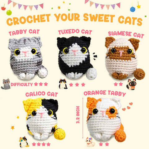 Easy Peasy Beginner Crochet Kit For Amigurumi Cats Five Pack Includes Step By Step Video Tutorials With crochet cat designs