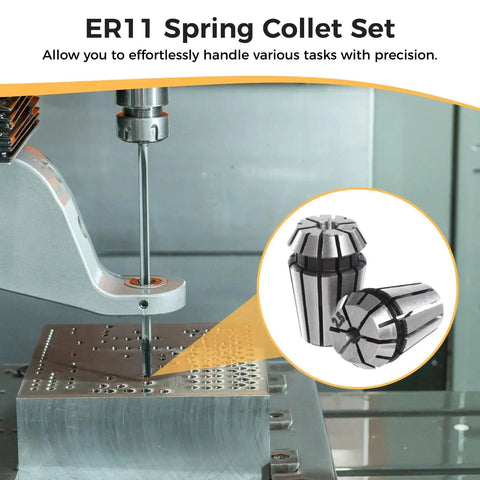 Grab This Awesome 15 Piece Er11 Spring Collet Set For Your CNC Mill, Engraver And Lathe Tool That Gives You Wild Precision From One To Seven Mm Plus Inch Sizes To Crush Any Project, showcasing ER11 collets in use on CNC machine.