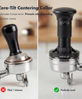 54mm Espresso Tamper With Adjustable 20 To 30 Lb Dial showing tilted and leveled tamp positions