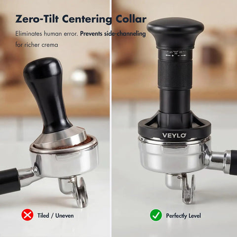 54mm Espresso Tamper With Adjustable 20 To 30 Lb Dial showing tilted and leveled tamp positions
