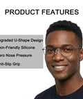 Kick Nose Bruising To The Curb With These 15 Piece Pack Ultra Soft Silicone Eyeglass Nose Pads U Shape Glasses Bridge Cushions Anti Slip Kit For Frames And Sun Shades model wearing glasses highlighting features.