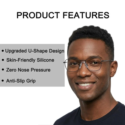 Kick Nose Bruising To The Curb With These 15 Piece Pack Ultra Soft Silicone Eyeglass Nose Pads U Shape Glasses Bridge Cushions Anti Slip Kit For Frames And Sun Shades model wearing glasses highlighting features.