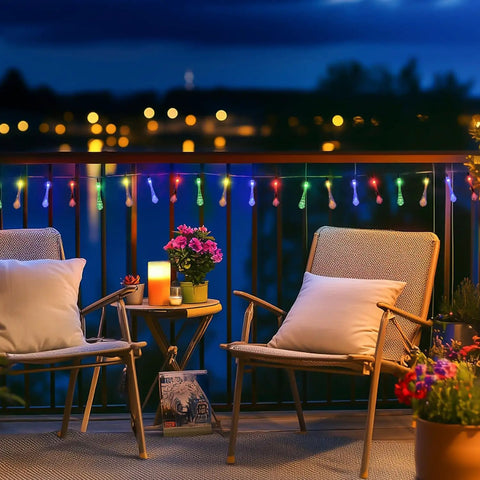 Water Drop Solar String Lights 2 Pack Outdoor Waterproof 41.6Ft Total Length 60 LED Teardrop Water Drop Lights Multicolor hanging on patio