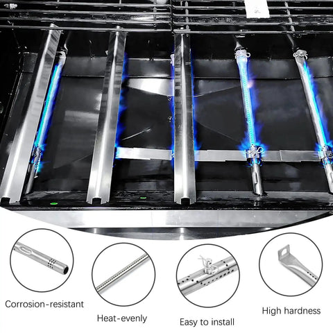 Interior view of beefed-up heavy duty stainless steel 5 burner grill replacement parts set for compatible gas grills, heat tent upgrade