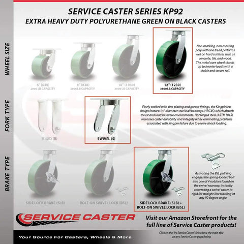 12 Inch Swivel Top Plate Caster Set Heavy Duty Green Poly On Cast Iron Wheels With 2 Swivel Brakes And Bolt On Swivel Locks