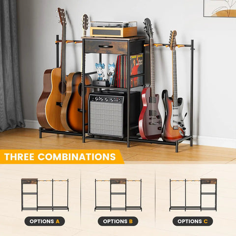 Floor Guitar Stand With 4 Holders And 3 Tiers, Go To Multi Guitar Rack for electric bass and acoustic guitars in music studio setup.