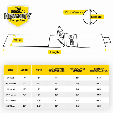 Diagram showing dimensions and sizes of heavy duty storage straps for garage cord management and cable organization for RV and shed gear.