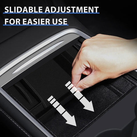 Hand adjusting Mustang Have Tesla Model Y and Model 3 Center Console Organizer Kit with slidable flocked storage box