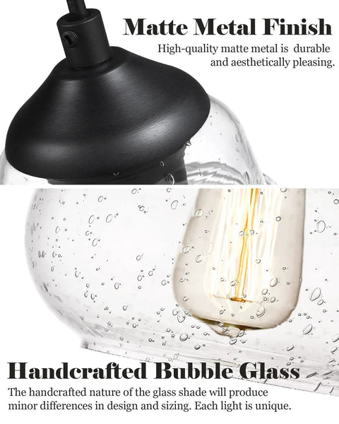 Close-up of 8 Inch Globe Pendant Light with hand blown bubble glass and black matte metal finish, industrial farmhouse style.