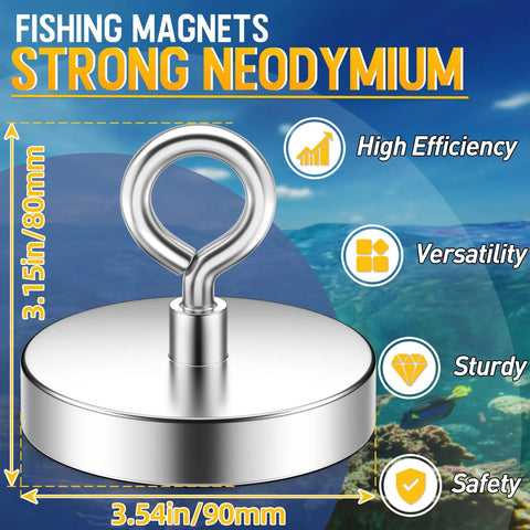 Massive 1000 Lb Pull Fishing Magnet for Retrieval and Treasure Finding, 3.54 Inch Diameter, displayed with specifications
