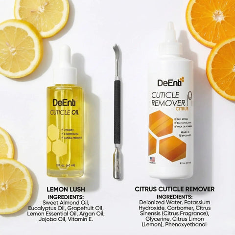 At Home Cuticle Care Kit With Citrus Scented Remover 8oz Cuticle Oil 2oz And Metal Pusher Tool for manicure and pedicure