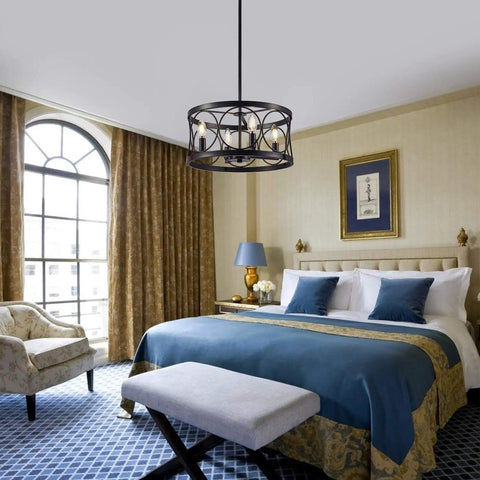 Bedroom with Dope Modern Farmhouse Black Drum Chandelier Light Fixture For Dining Room Living Room Entryway And Bedroom