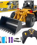 One Eighteen Scale RC Front Loader Toy Truck With Alloy Body Built Tough Loading Arm shown with remote and batteries