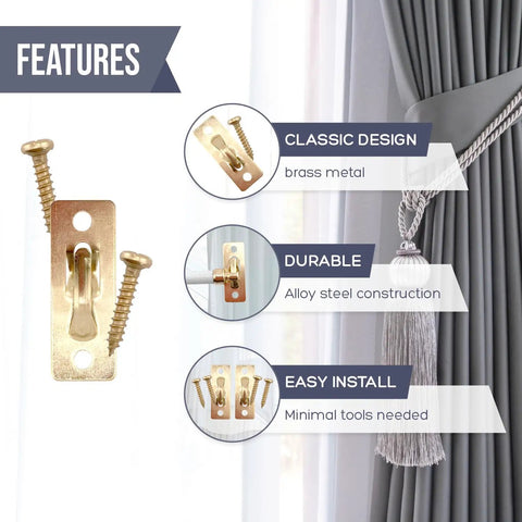 Beefy Heavy Duty Brass Curtain Rod Brackets With Screws, 4 Pairs 8 Pieces, Swivel End Sash Mounts For Doors And Windows Sidelights Easy Install Solid Metal Curtain Rod Holders You'll Actually Use. brass curtain rod bracket and screws on window drapes