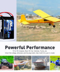 Go-To 3S LiPo Battery 850mAh 11.1V 50C With JST Plug for RC airplane next to yellow plane and RC models, emphasizing powerful performance.