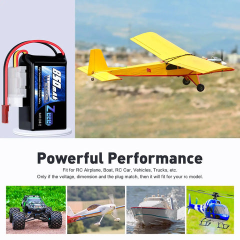 Go-To 3S LiPo Battery 850mAh 11.1V 50C With JST Plug for RC airplane next to yellow plane and RC models, emphasizing powerful performance.