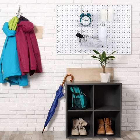 Pegboard Wire Basket Set For Hanging Wall Organization, 3 Size Bins For Pegboards And Slatwalls, White Multi Pack installed in entryway