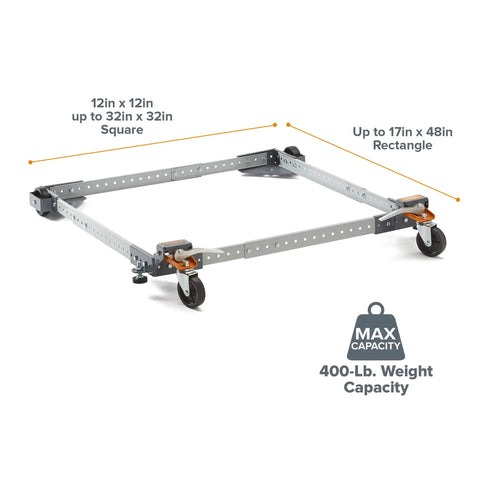 Adjustable Universal Mobile Base for Heavy Tools and Equipment Up to 400 Lbs, showing size and dimensions