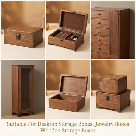 Antique Engraved Latch Hasp Hinges And Box Corner Protectors Hardware Kit For DIY Restoration Projects With Vintage Bronze Finish shown on wooden boxes