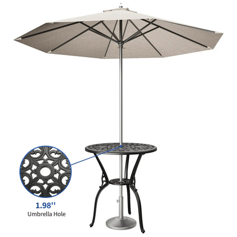 Cast Aluminum Outdoor Side Table With Umbrella Hole For Patio Garden Porch And Balcony Anti Rust Round End Table Small Coffee Table Indoor Or Outdoor Use Retro Black Finish with umbrella inserted