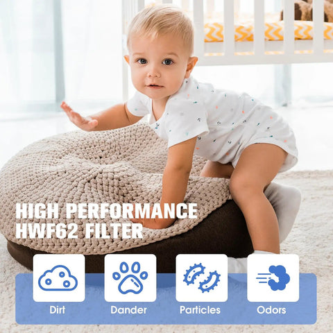 Child near cushions with text 'High Performance HWF62 Filter Dirt Dander Particles Odors' on image background in nursery