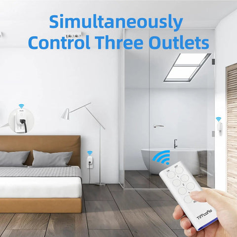 Hand holding remote showing Three Outlet Indoor Remote Control Plug With Wireless Light Switches 100 Foot Range 15A 1875W ETL Listed