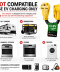 Image of Rock Solid Nema 6-30P To 14-50R EV Charger Adapter use warnings, highlighting incompatible devices for EV charging.