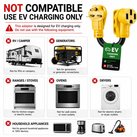 Image of Rock Solid Nema 6-30P To 14-50R EV Charger Adapter use warnings, highlighting incompatible devices for EV charging.