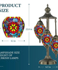 Dope Three Globe Turkish Mosaic Table Lamp With Bronze Base 23 Inch Tall seen with colorful glass globes and size measurements