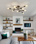 Black Semi Flush Mount Ceiling Light Fixture With 9 Lights in modern living room with fireplace backdrop