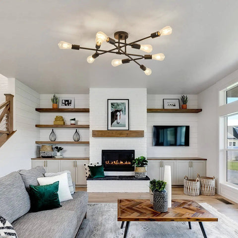 Black Semi Flush Mount Ceiling Light Fixture With 9 Lights in modern living room with fireplace backdrop