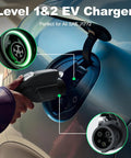 Level 1 And Level 2 Portable Ev Charger connecting to a vehicle, SAE J1772 compatible, focused on charging port.