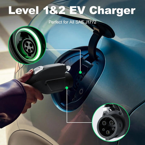Level 1 And Level 2 Portable Ev Charger connecting to a vehicle, SAE J1772 compatible, focused on charging port.